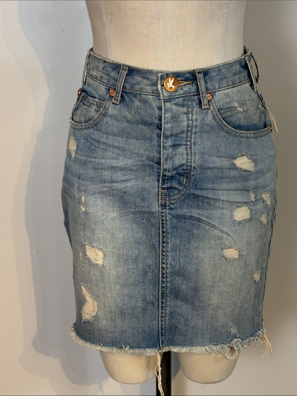 One Teaspoon Light Blue Distressed Denim Mini Skirt